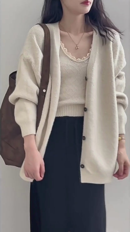 ソフトタッチニットカーデ＆レーストリムキャミトップセット