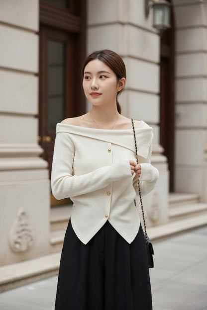 アシメオフショルボタンニットトップス