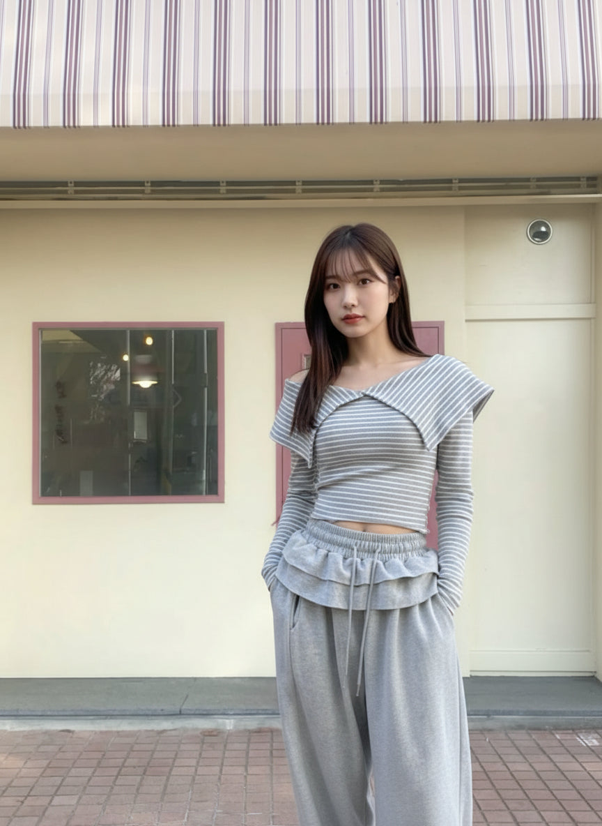 【即納】フリルウエストワイドスウェットパンツ