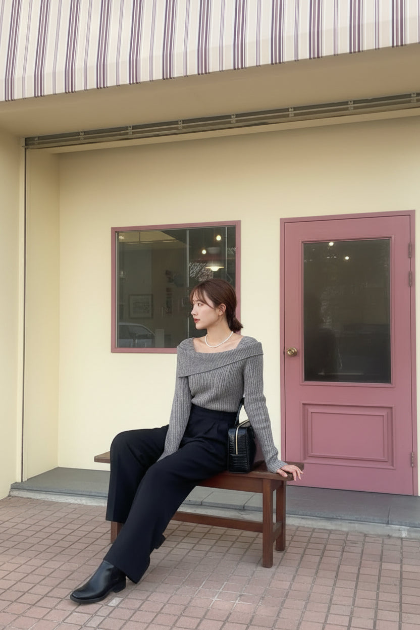 【即納】オフショルダーネックリブニットプルオーバー