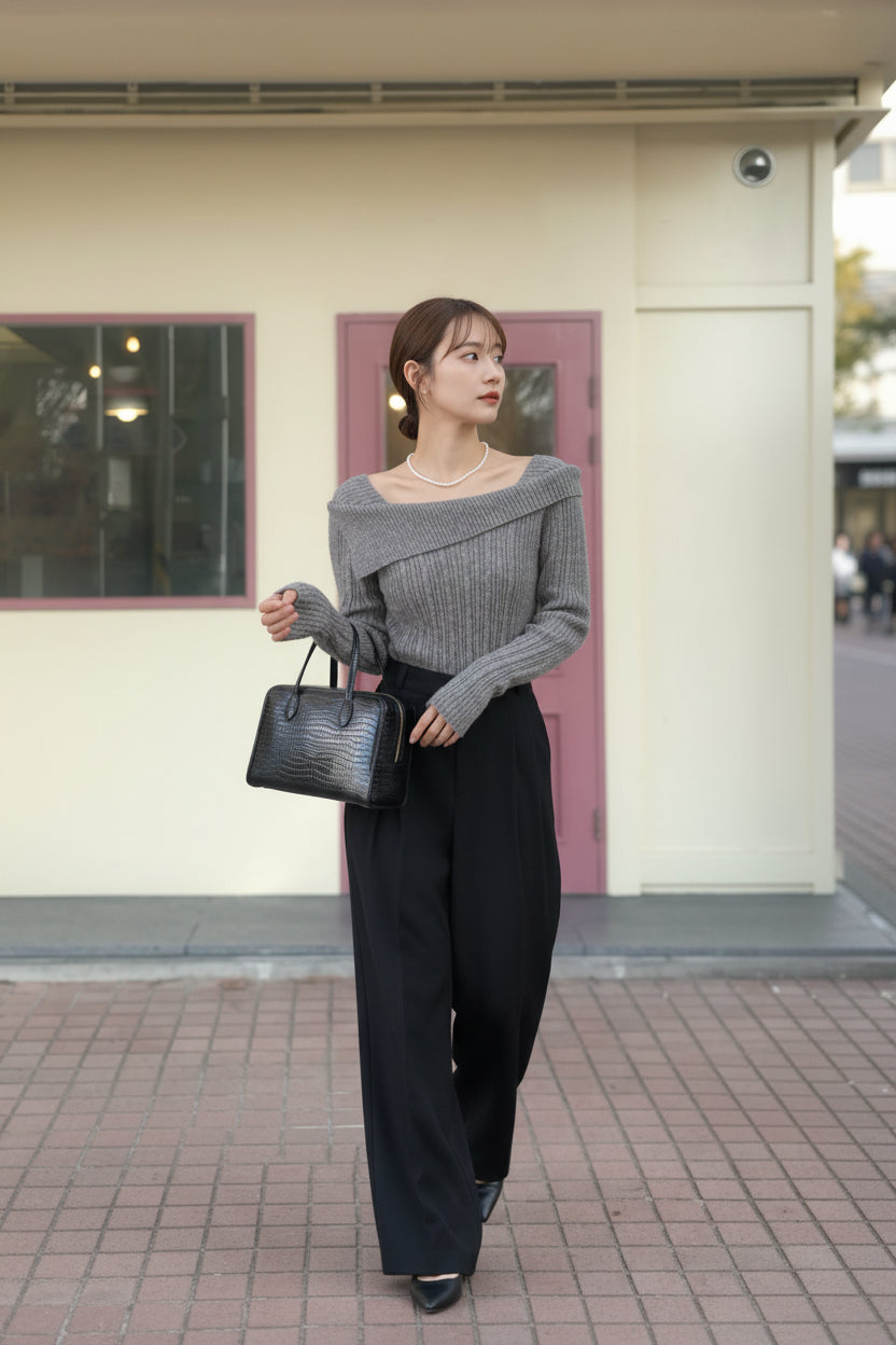 【即納】オフショルダーネックリブニットプルオーバー