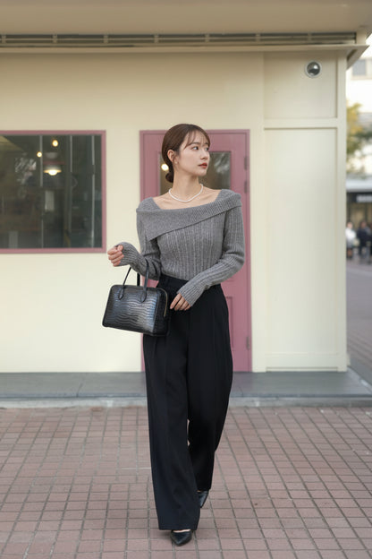 【即納】オフショルダーネックリブニットプルオーバー