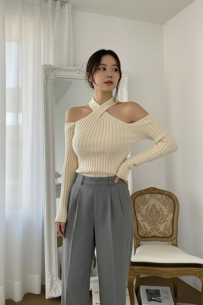 【即納】クロスオフショルダーリブニットトップス