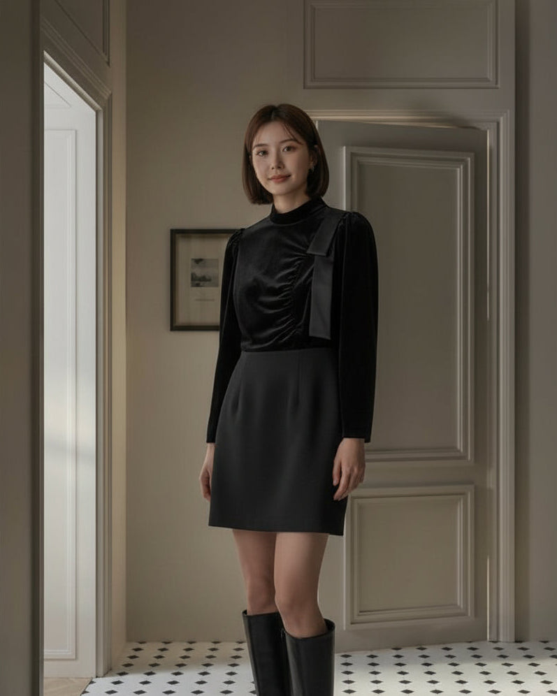 【即納】ドレープベルベット リボンネックトップス