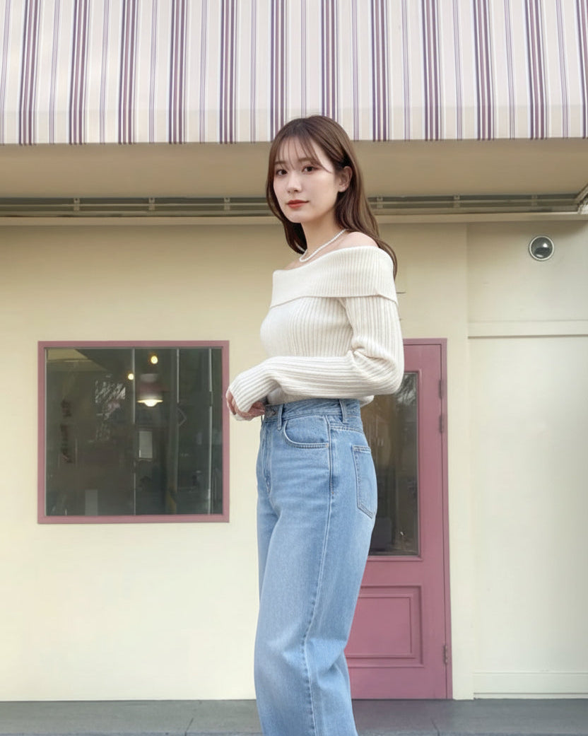 【即納】オフショルダーネックリブニットプルオーバー