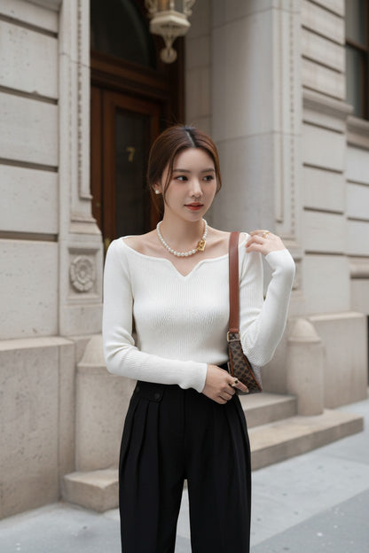 カーブネックリブニットトップス