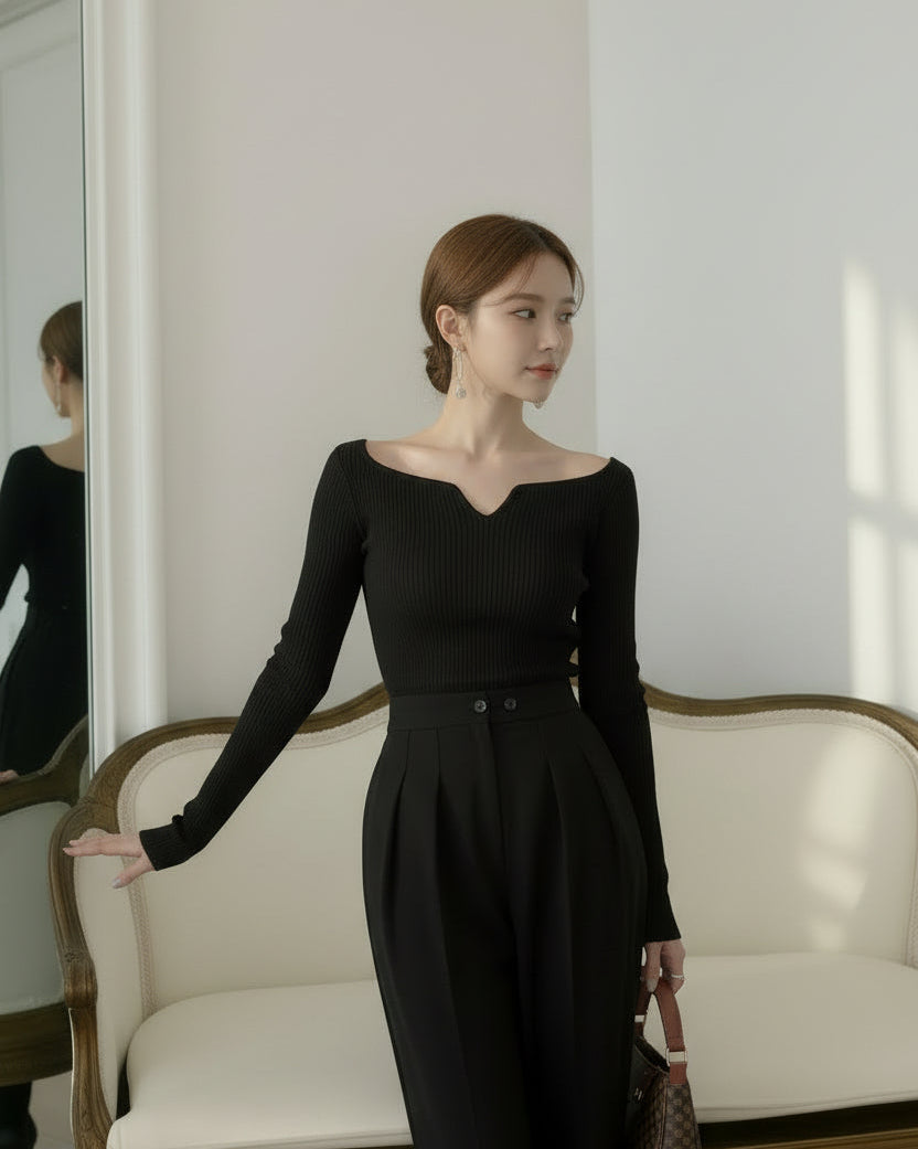 【予約】カーブネックリブニットトップス