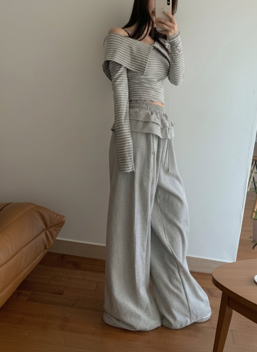 【即納】フリルウエストワイドスウェットパンツ