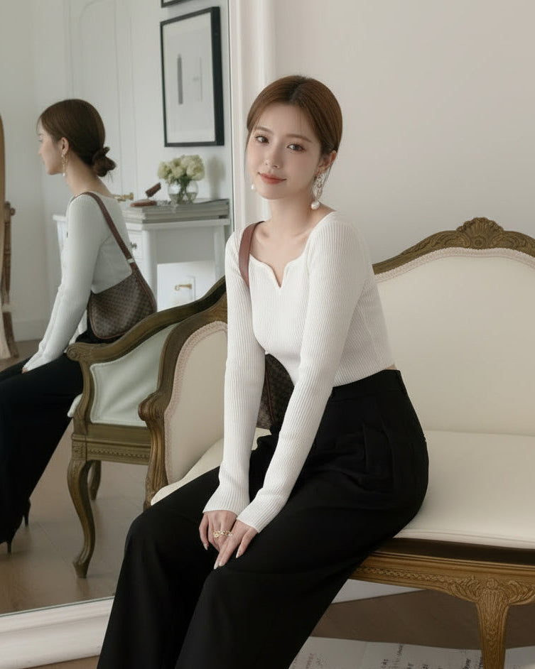 【即納】カーブネックリブニットトップス