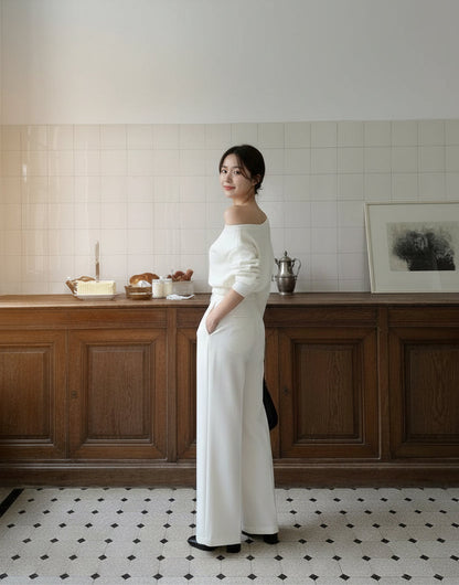 【予約】［ SET ］オフショルスウェットトップス × クラシカルラインセンタープレスワイドパンツ