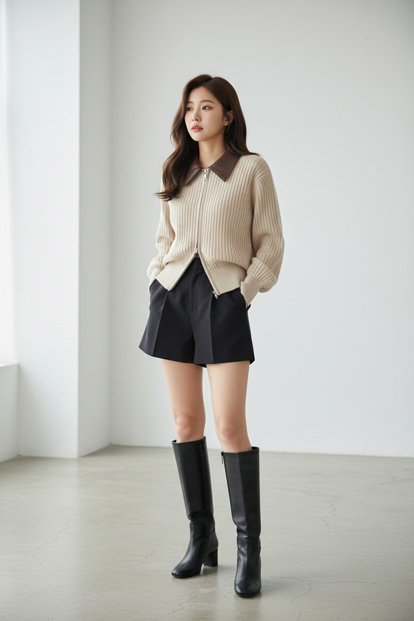 ［ SET ］フェイクレザーカラーリブジップニットトップス×クラシックタックショートパンツ