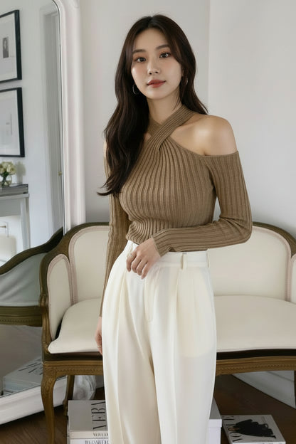 【即納】クロスオフショルダーリブニットトップス