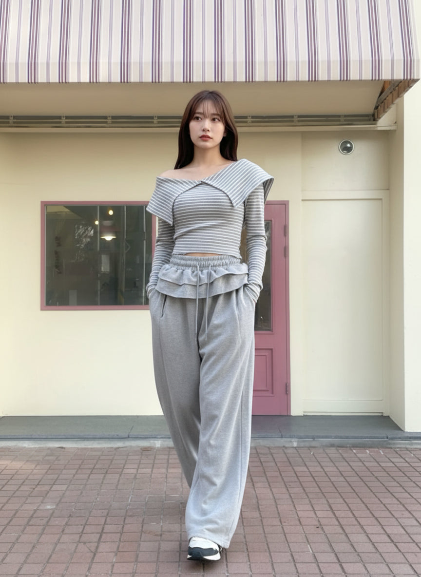 【即納】フリルウエストワイドスウェットパンツ