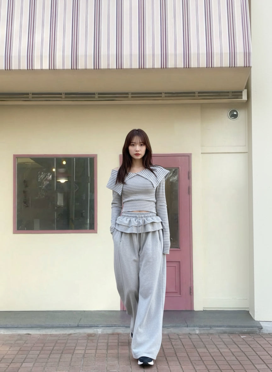 【即納】フリルウエストワイドスウェットパンツ