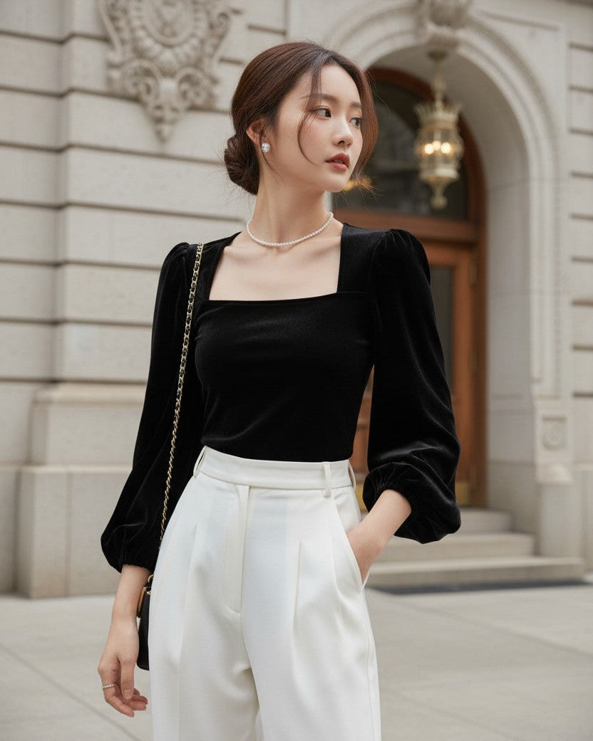 【即納】スクエアネックベロアトップス