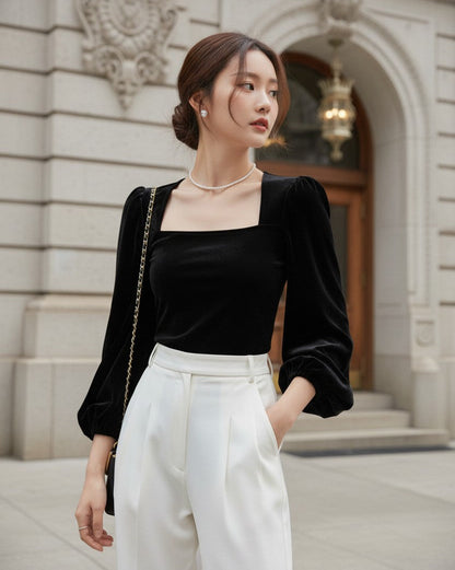 【即納】スクエアネックベロアトップス