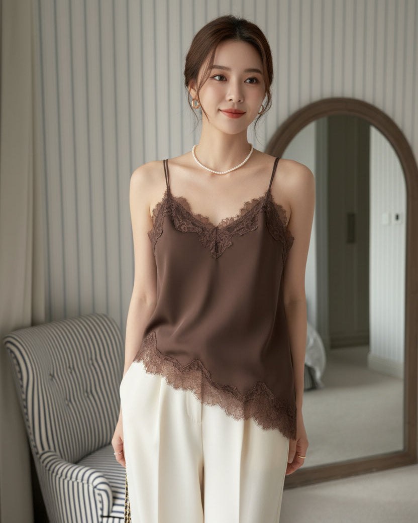 【即納 2/6(金)PM12:00～販売START】レースサテンキャミ