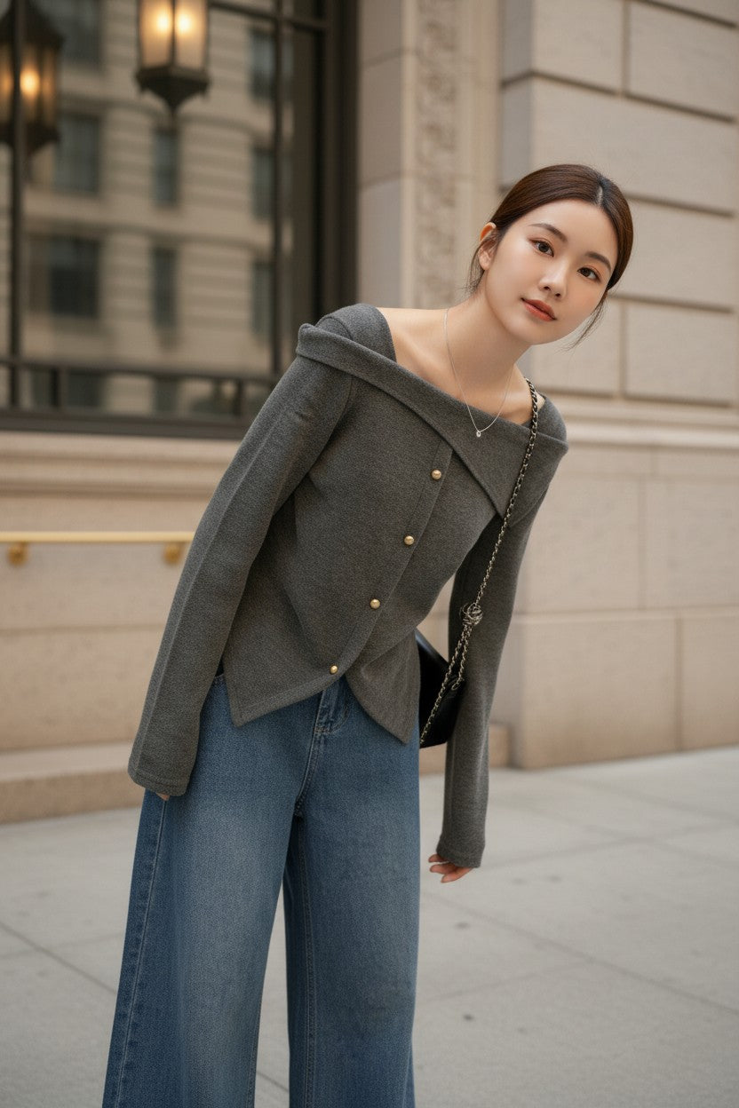 アシメオフショルボタンニットトップス