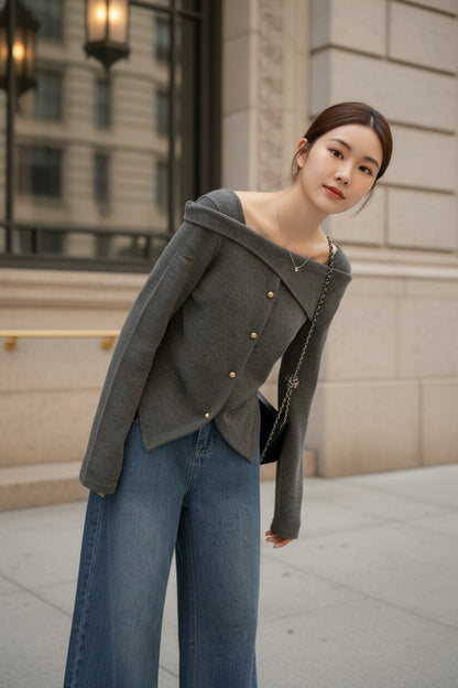 アシメオフショルボタンニットトップス