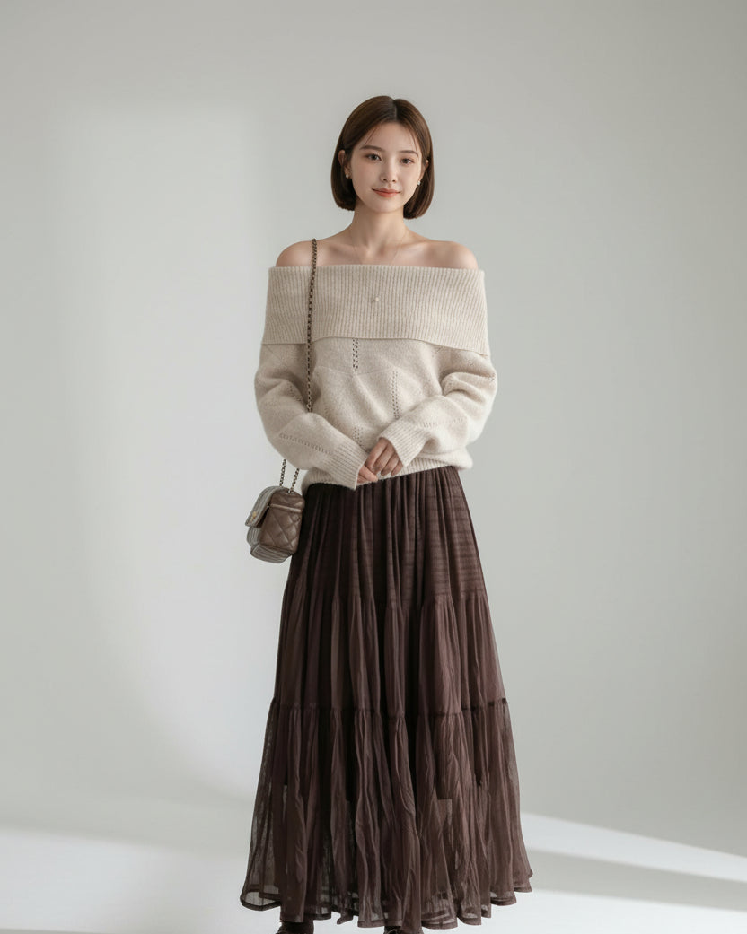 ［ SET ］オフショルダールーズニットプルオーバー×ティアードシフォンロングスカート