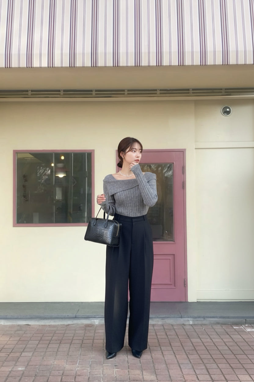 【即納】オフショルダーネックリブニットプルオーバー