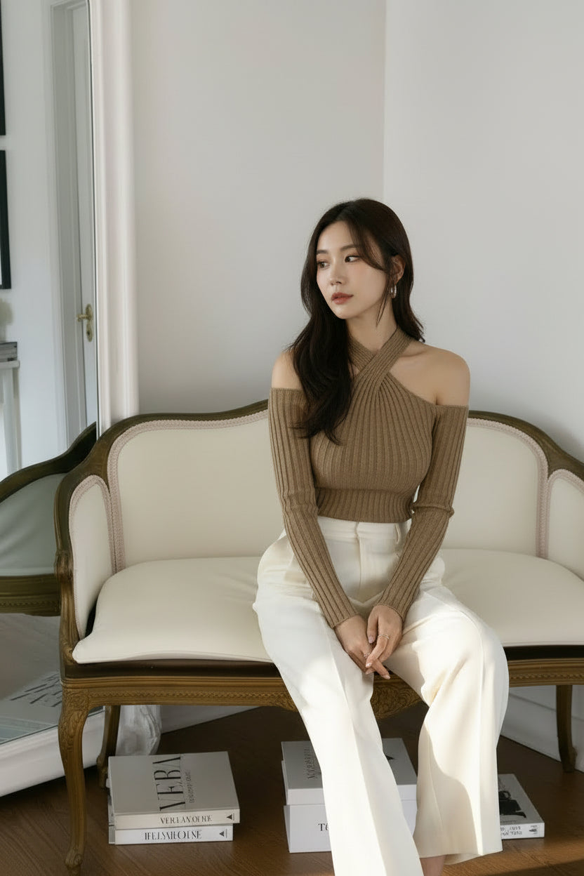 即納】クロスオフショルダーリブニットトップス – BLACKOUT