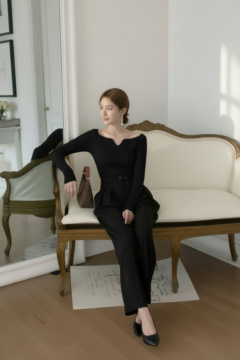 【予約】カーブネックリブニットトップス