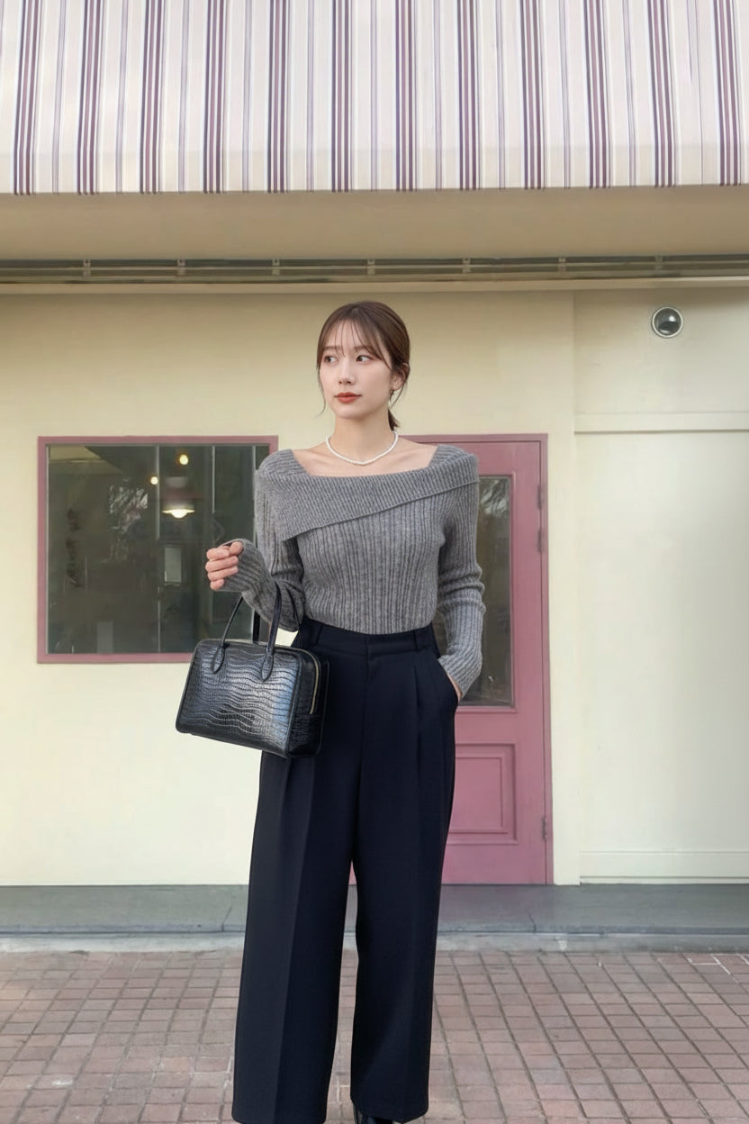 【即納】オフショルダーネックリブニットプルオーバー