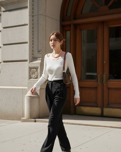 カーブネックリブニットトップス