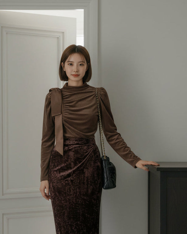 【即納】ドレープベルベット リボンネックトップス