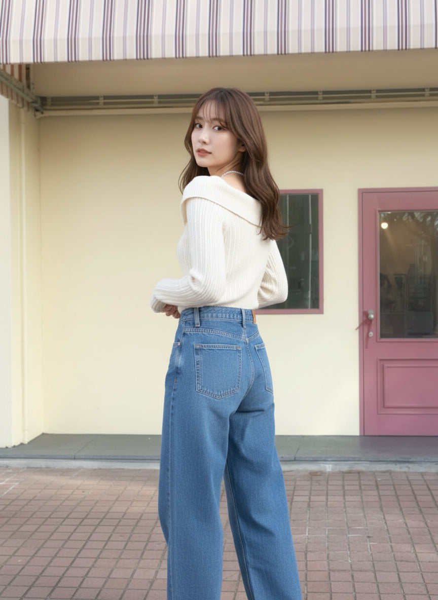 【即納】オフショルダーネックリブニットプルオーバー