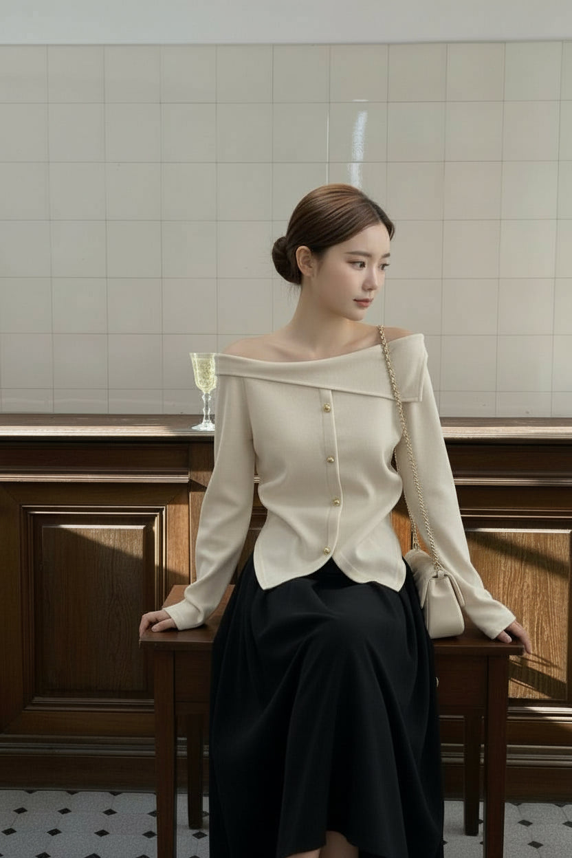 【即納】アシメオフショルボタンニットトップス