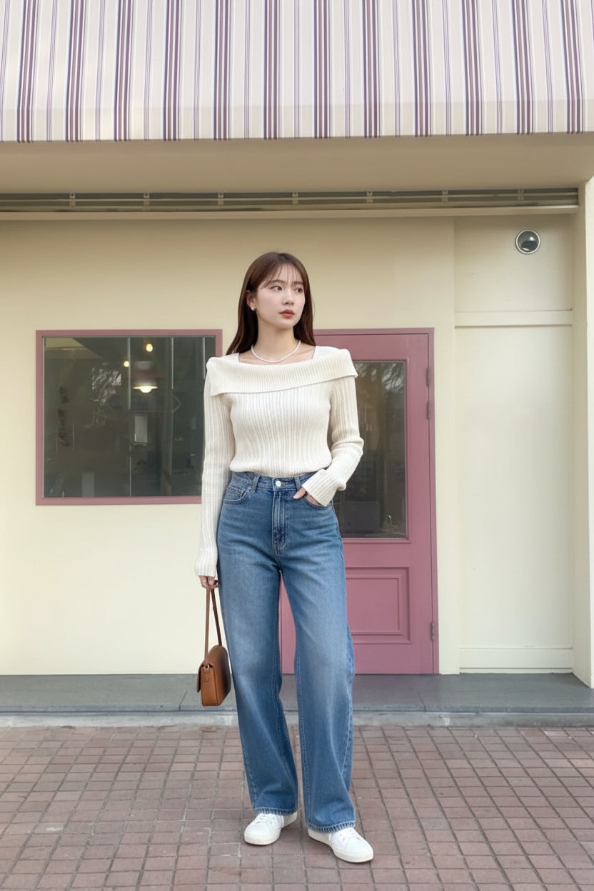 【即納】オフショルダーネックリブニットプルオーバー