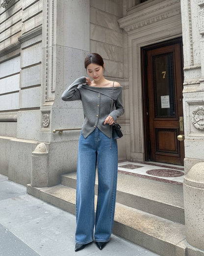 アシメオフショルボタンニットトップス