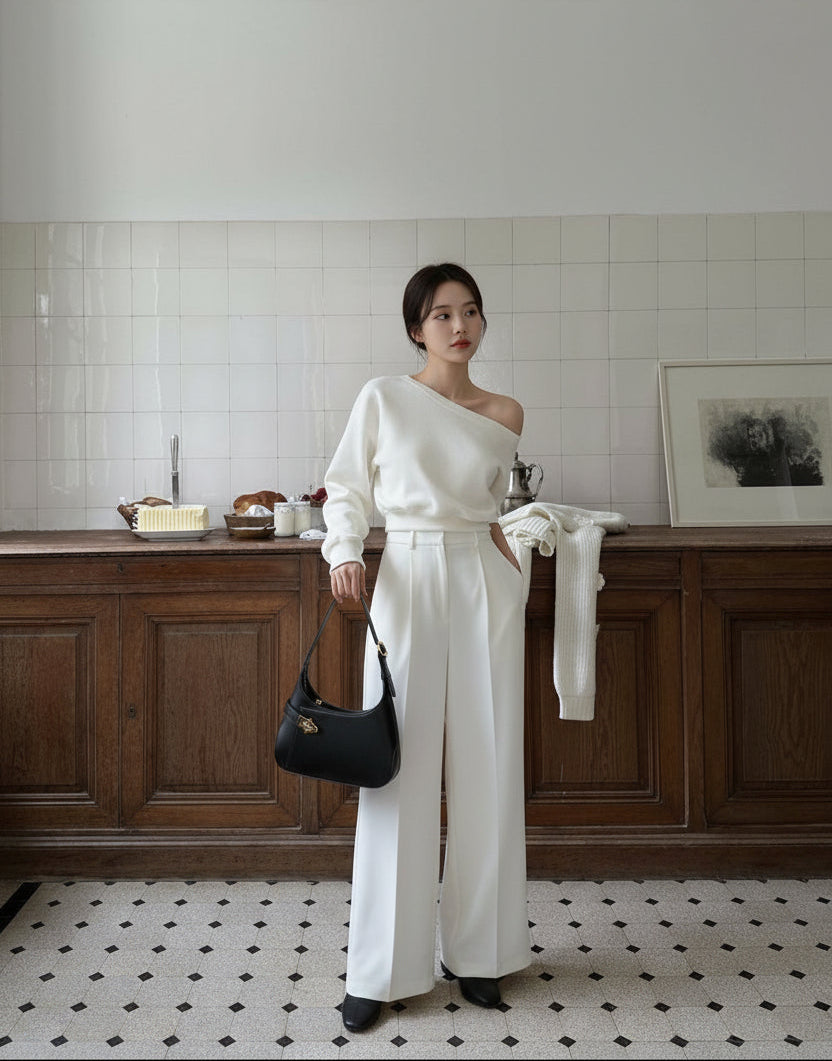 【即納】［ SET ］オフショルスウェットトップス × クラシカルラインセンタープレスワイドパンツ