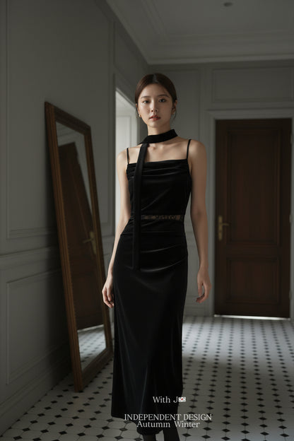 【即納】ドレープライン ベルベットキャミワンピース