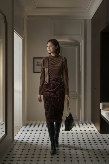 【即納】ドレープベルベット リボンネックトップス