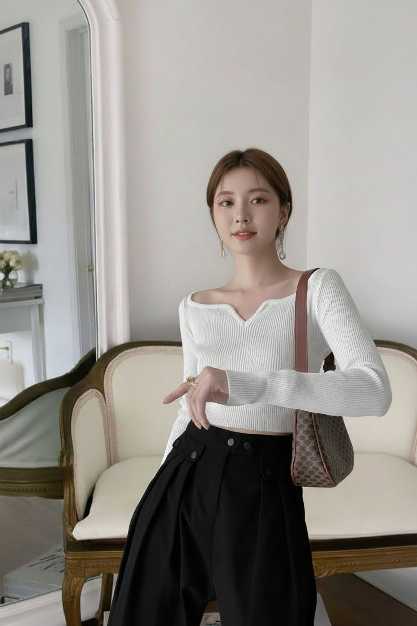 Influencer Recommend ]【即納】カーブネックリブニットトップス