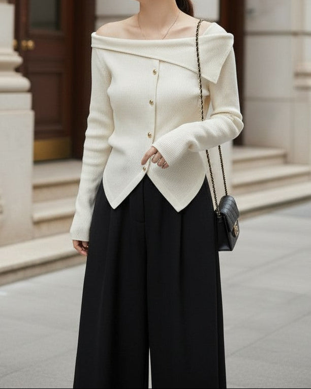 【即納】アシメオフショルボタンニットトップス