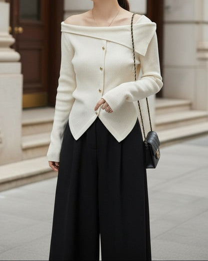 アシメオフショルボタンニットトップス