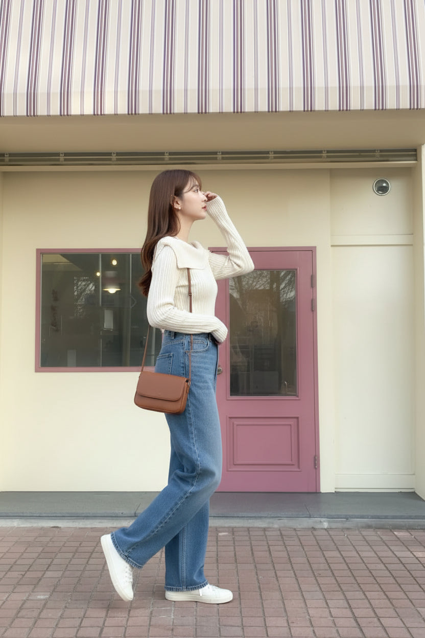 【即納】オフショルダーネックリブニットプルオーバー