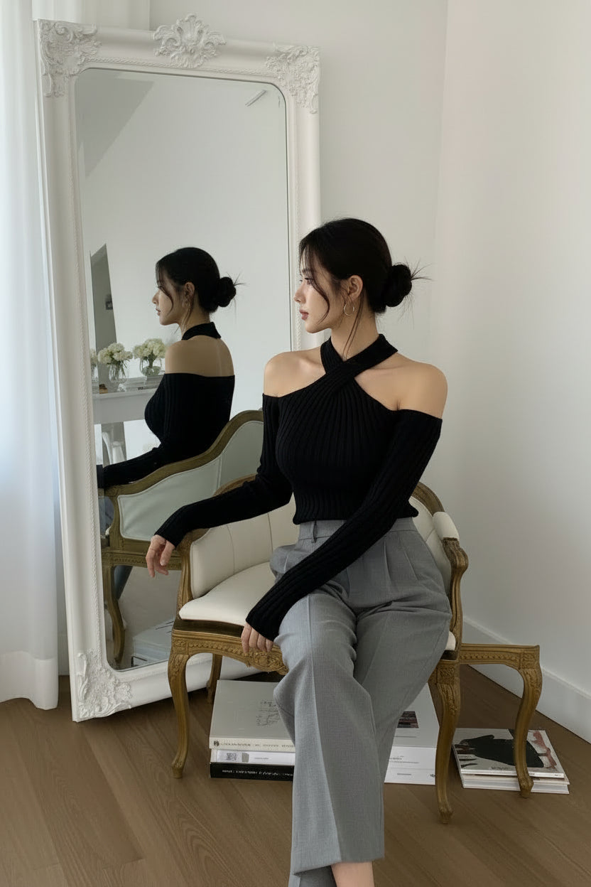 【即納】クロスオフショルダーリブニットトップス