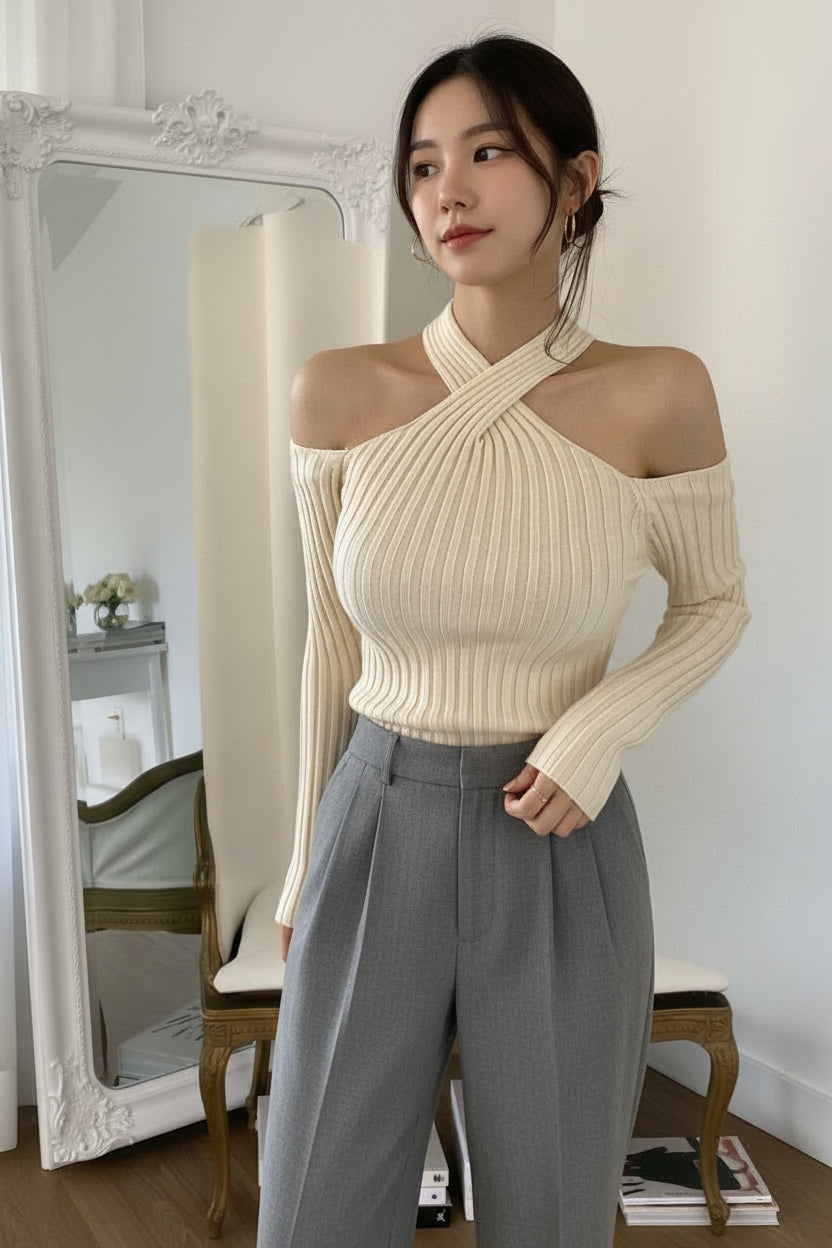 即納】クロスオフショルダーリブニットトップス – BLACKOUT