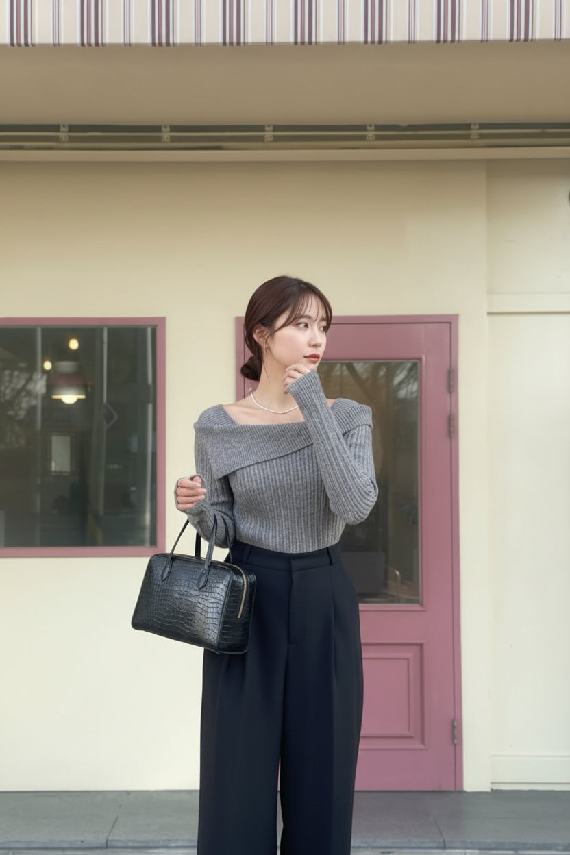 【即納】オフショルダーネックリブニットプルオーバー