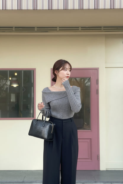 【即納】オフショルダーネックリブニットプルオーバー