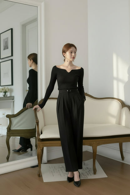 【予約】カーブネックリブニットトップス