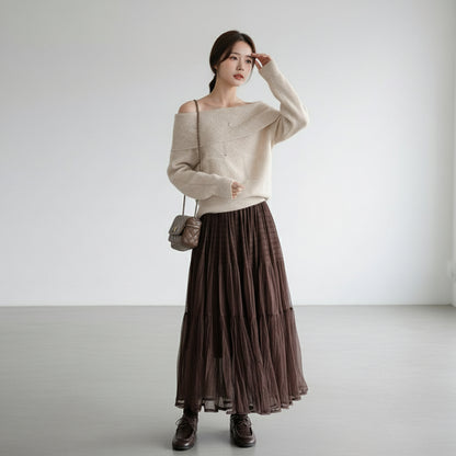 ［ SET ］オフショルダールーズニットプルオーバー×ティアードシフォンロングスカート