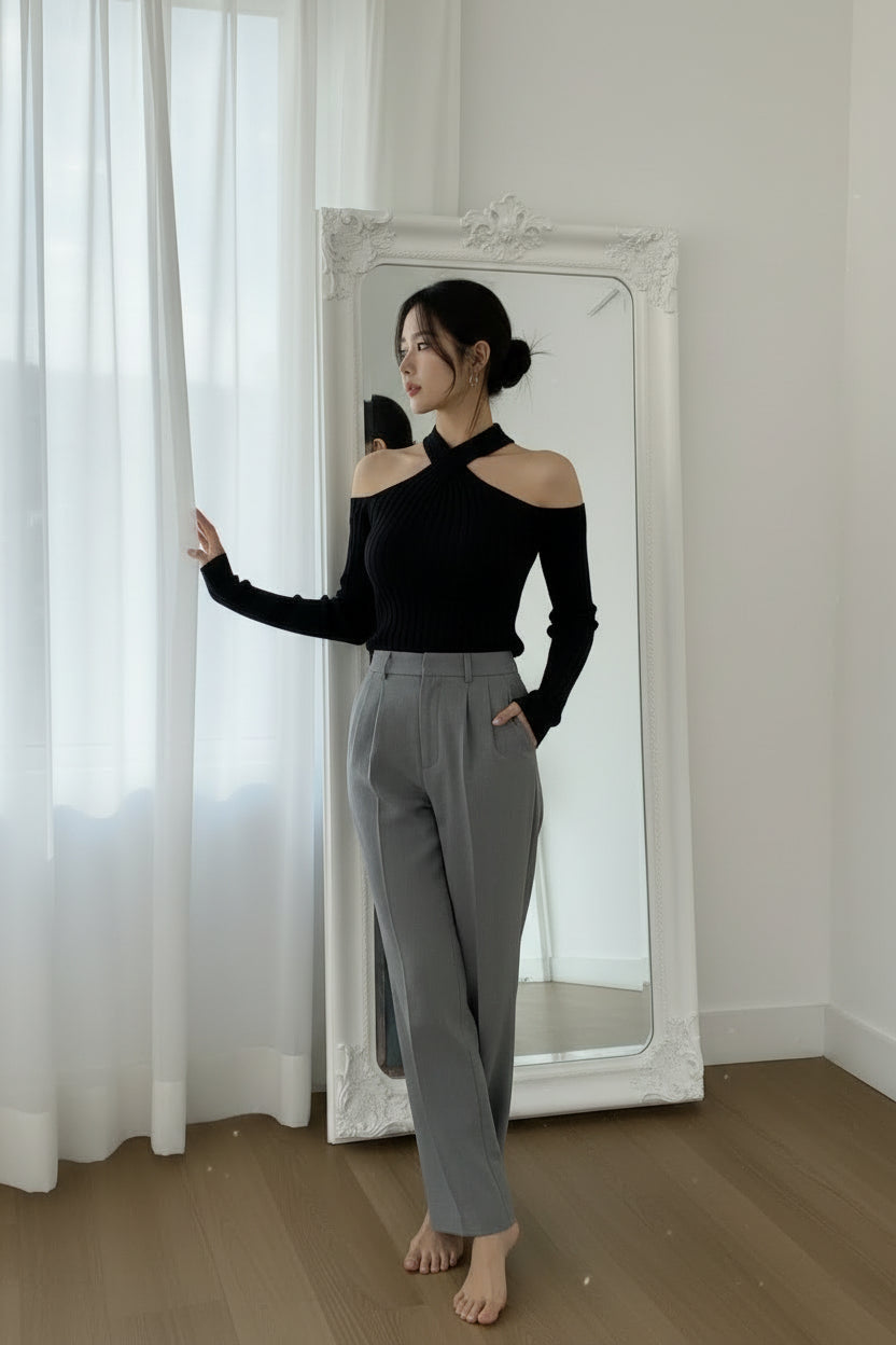 【即納】クロスオフショルダーリブニットトップス