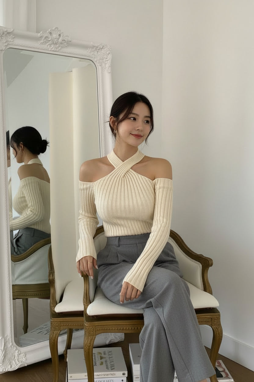 【即納】クロスオフショルダーリブニットトップス
