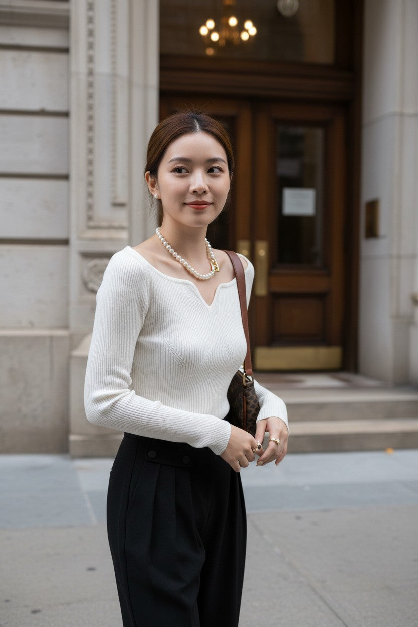 カーブネックリブニットトップス